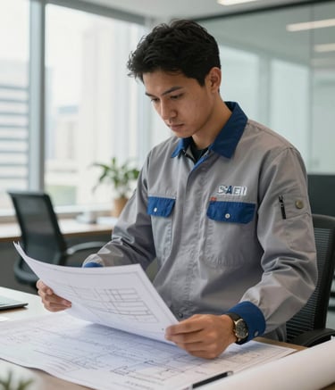 A professional South American / Brazilian engineer in a soft grey and muted blue uniform reviewing blueprints in a bright, modern corporate office in São Paulo. The atmosphere is professional and innovative.