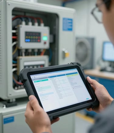 A close-up of a South American / Brazilian engineer's hands holding a professional diagnostic tablet showing technical data. In the background, there is a complex HVAC and electrical system in a modern facility with Soft Grey and Muted Blue industrial accents.
