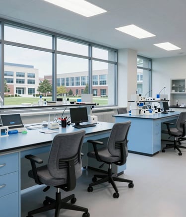 A wide shot of a contemporary research laboratory in a North American university. The space features sleek light ice blue workstations and slate grey ergonomic chairs. Large windows reveal a glimpse of a clean, modern campus.