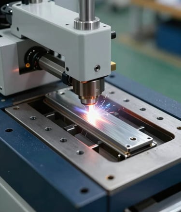 Close up of a high frequency welding card component inside a modern Turkish / Anatolian manufacturing facility, showing precision engineering, Light Steel Gray and Dark Navy Blue mood, industrial reliability, sharp focus, professional photography.