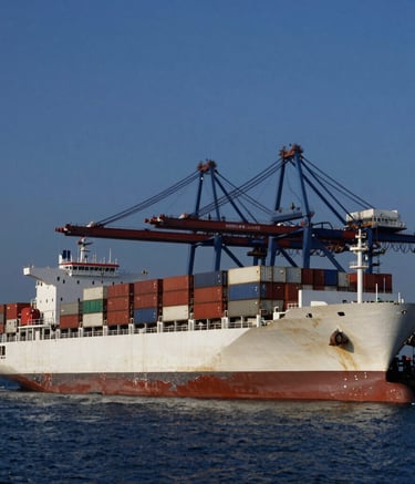 A wide-angle landscape shot of a massive container vessel docked at a deep-sea port during the blue hour, dark blue and off-white color palette, sleek and powerful composition, International / Global.