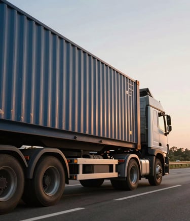 A close-up of a modern heavy-duty logistics truck transporting a shipping container along a clean, multi-lane highway, soft sunset lighting with amber and muted blue tones, professional and reliable atmosphere, International / Global.