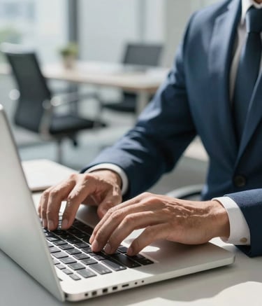 A close-up of a professional in business attire working on a sleek laptop in a modern, sunlit North American office. The focus is on the hands and device, with a blurred background of a sophisticated workspace using a color palette of slate blue and light gray.