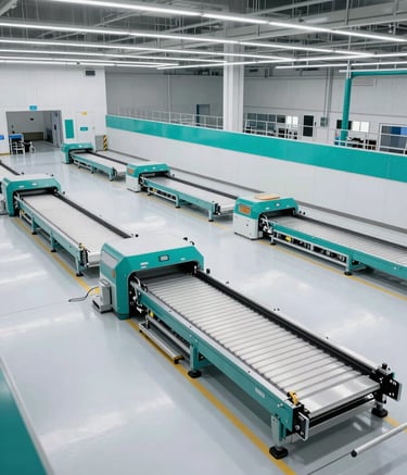 A cinematic wide-angle photograph of a futuristic logistics hub with automated sorting systems in a North American setting. The design is clean and professional, featuring white floors, teal accents, and bright, precision lighting.