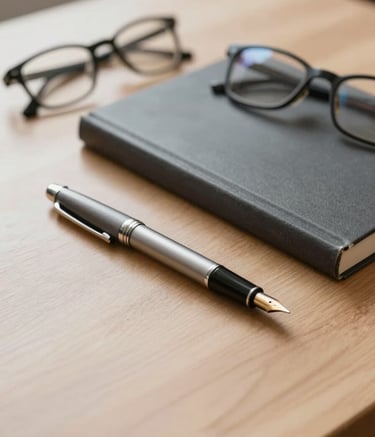 A close-up, high-angle shot of a minimalist wooden desk. On it sits a high-quality fountain pen, a professional research journal, and a pair of spectacles. The scene uses a soft morning light with colors #1F3F49 and #B8C7C9 to evoke academic depth.