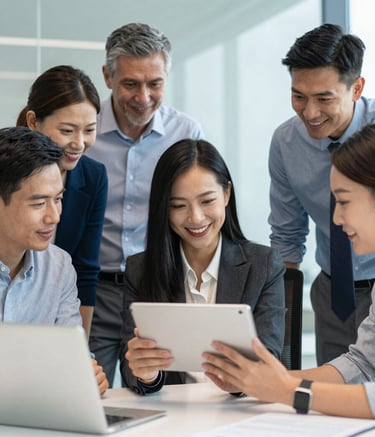 A diverse group of sports association leaders in a modern office, smiling as they look at a tablet together. The scene is bright and professional, with a streamlined aesthetic. The background features subtle touches of #7A9EAF and #F0F4F8, reflecting a collaborative and forward-thinking spirit.