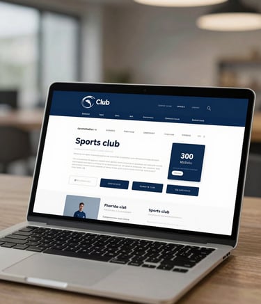 A high-end, close-up shot of a modern laptop screen displaying a clean e-commerce dashboard for a sports club. The design is sleek and minimalist, featuring brand colors #2F4858 and #1A202C. Professional lighting and a blurred clubhouse background.