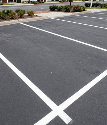 Wide shot of a commercial parking lot mid-sealcoating with workers applying black sealant.