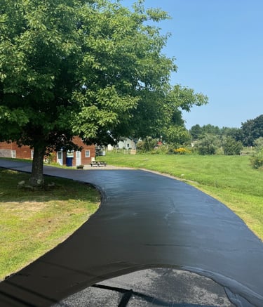 Freshly sealed black asphalt driveway winding past a large green tree and rural farmhouse landscape.