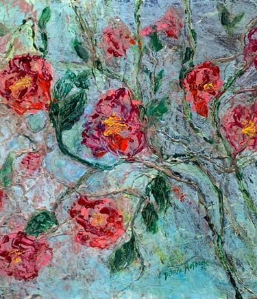 Camelias, Acrylic on Board