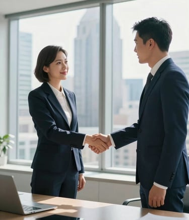 Professional corporate setting in a bright, modern office. Two professionals in sharp business attire shaking hands across a polished desk in a high-rise building. High-end North American urban skyline visible through floor-to-ceiling windows. Soft, natural lighting with tones of navy blue and white.