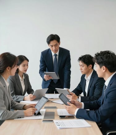 A collaborative team of HR professionals in a clean, minimalist boardroom. They are looking at tablet screens and documents in a focused discussion. Professional North American attire. Bright, airy office environment with light grey and navy blue accents.