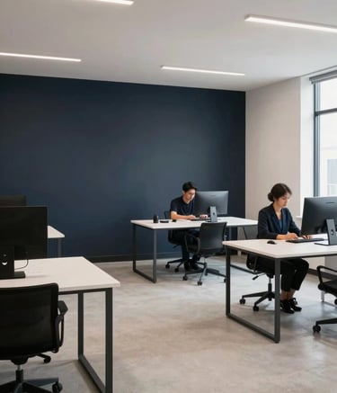 A wide photography shot of a sleek, minimalist office interior in Easton, Pennsylvania. The room is filled with soft light and features dark navy and off-white decor. A single person is working at a clean desk, embodying the focus of a North American solo entrepreneur.