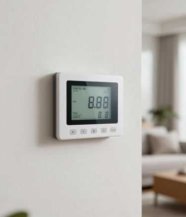 A high-end digital thermostat mounted on a clean, off-white wall inside a modern North American living room. Soft natural lighting, shallow depth of field, conveying comfort, modern technology, and climate control efficiency.