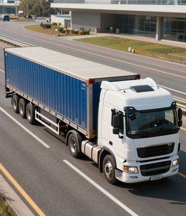 A high-angle professional photograph of a loaded flatbed truck moving efficiently along a modern North American highway under clear daylight. The composition highlights the precision and scale of logistics operations, using a palette of steel blue and white.