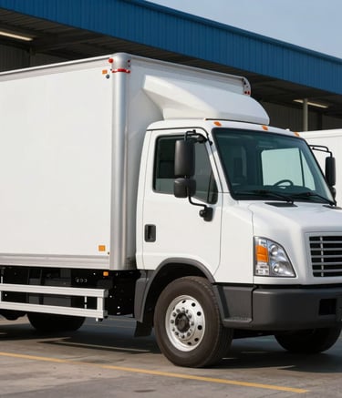 A side-profile photography shot of a clean, modern white box truck parked at a logistics facility in the United States. The lighting is crisp morning sun, emphasizing professional maintenance and fleet reliability, with steel blue accents in the background.