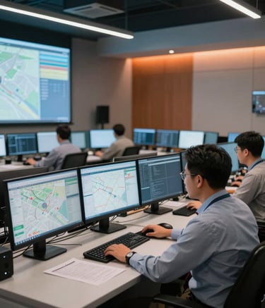 An interior shot of a modern, high-tech logistics control center in North America. Professional dispatchers work at clean desks with multiple large monitors showing maps and data, with soft steel blue and orange ambient lighting.
