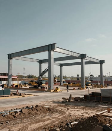 A wide-angle, professional photograph of a large-scale government infrastructure project under construction, featuring modern steel beams and heavy machinery. The scene is bathed in clear morning light, emphasizing modern efficiency and robust reliability. The palette includes industrial grays and hints of #5C7D99 in the sky and #A68A6B in the earth tones.