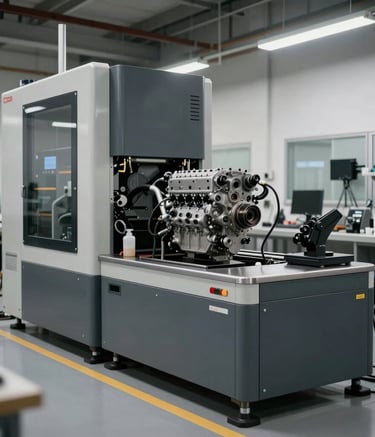 A wide-angle shot of a clean, sophisticated engine reconditioning facility in Brazil, featuring modern machinery and a professional atmosphere with cool grey and charcoal tones.