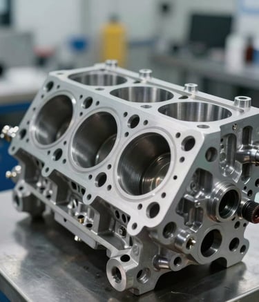 Macro photography of a perfectly cleaned and reconditioned engine cylinder head, showcasing the metallic shine and precision engineering, set in a professional Brazilian automotive lab.