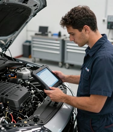 A professional South American / Brazilian automotive technician using a digital diagnostic tablet to inspect a vehicle's engine in a bright, modern workshop with steel-grey tool cabinets and clean floors.