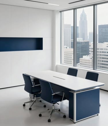 A high-angle photograph of a minimalist, modern office in an International / Global setting. The space features clean white surfaces, navy blue decorative accents, and a large window overlooking a professional urban skyline. The lighting is bright and clear.