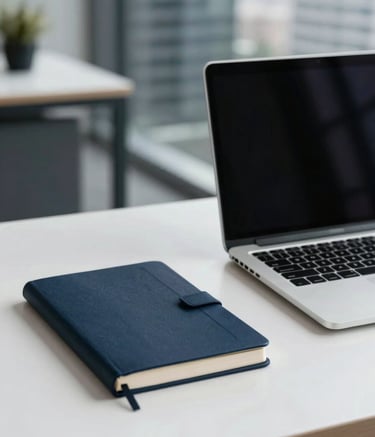 A clean, minimalist photography of a high-end workstation on a white desk. A navy blue journal and a sleek laptop are positioned neatly. The background is a soft-focus professional interior in an International / Global business district.