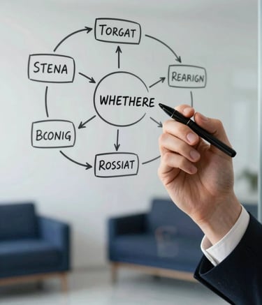A professional photograph of a person's hand drawing a clean strategy diagram on a glass wall. The background is a bright, minimalist studio with navy blue furniture. The style is authoritative and professional, in an International / Global context.