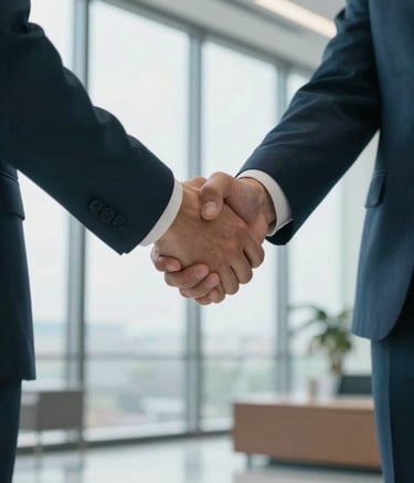 A close-up of a professional handshake in a modern North American office lobby with large windows. The lighting is bright and natural, reflecting a sense of trust and partnership. The attire is business casual in dark teal and white tones.