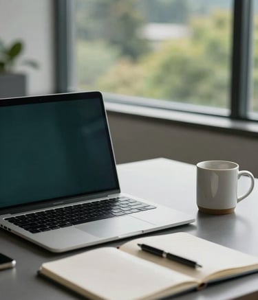 A professional and modern office desk in Bothell, Washington, featuring a high-end laptop, a clean notebook, and a ceramic mug. The background shows a soft-focus view of North American greenery through a window. Palette colors include deep forest teal and soft grays.