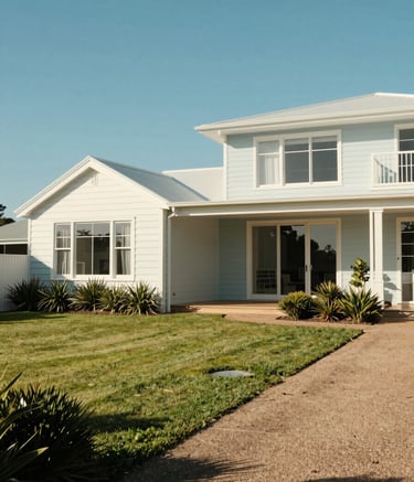 Photography of a stunning Australian holiday home exterior on the Bellarine Peninsula during a clear, sunny day. The architecture is modern and coastal, with pale blue-white walls. The driveway and garden are perfectly manicured, projecting a sense of pristine maintenance.