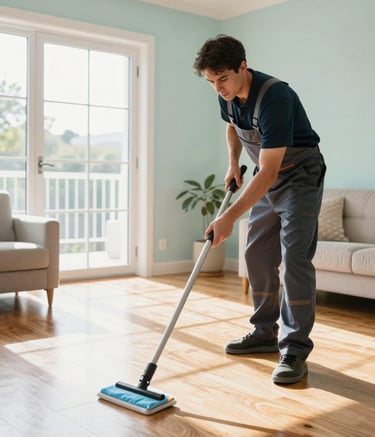 Photography of a professional cleaner in a modern Australian home, seen from the side as they tidy a bright, airy living room. Sunlight spills through large windows, highlighting the spotless wooden floors. The setting is clean and tranquil, featuring soft mint and pale blue-white accents in the decor.