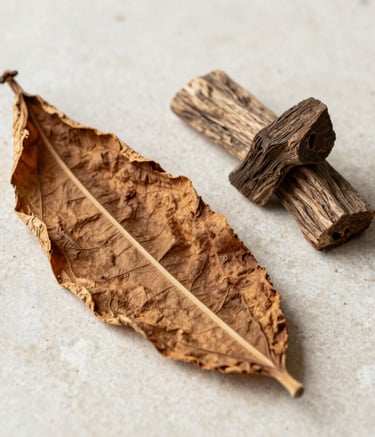 A minimalist composition of raw fragrance materials: dried tobacco leaves and sandalwood blocks on a clean limestone surface. Soft, natural North American / US daylight, earthy warm brown and off-white tones.
