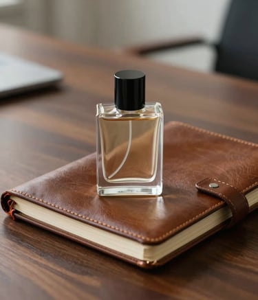 A refined, close-up shot of a minimalist glass perfume bottle and a vintage leather-bound notebook resting on a dark walnut desk. Elegant lighting, North American / US executive office setting, colors featuring tobacco browns and off-white.