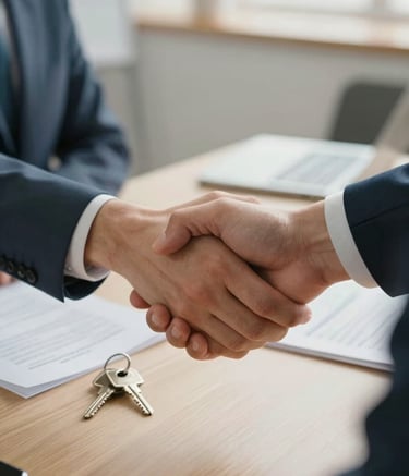 A close-up photograph of two hands shaking firmly over a clean wooden table in a bright North American office setting. A pair of house keys and professional documents are visible in the soft-focus background. The lighting is warm and natural, using a palette of muted blue and off-white to convey a sense of a successful, professional agreement.