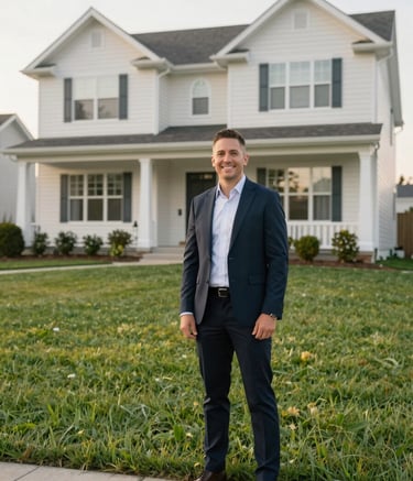 A professional North American real estate expert standing in front of a well-maintained suburban house. They are wearing smart-casual attire and smiling confidently at the camera. The scene is shot in soft morning light, highlighting the off-white exterior of the home and the lush green lawn, reflecting trust and efficiency.