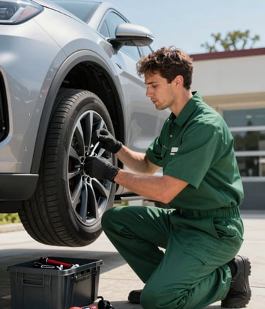 A professional North American technician wearing a matte forest green uniform, performing light mechanical repairs on a modern silver vehicle. Bright, clear daylight on a professional driveway, with tools neatly organized. The composition is clean and focused on efficient service.