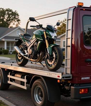 A professional recovery vehicle with deep ripe crimson accents carefully loading a motorcycle onto a flatbed in a North American suburban setting. Soft afternoon light illuminates the scene, highlighting the matte forest green and crisp parchment detailing on the equipment. Professional and reliable atmosphere.
