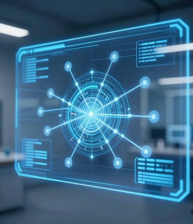 A close-up of a high-tech holographic projection of a complex software network. The lighting is dominated by bright blue and navy hues, set in a sleek, minimalist modern research facility. International / Global professional setting.