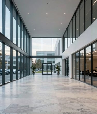Photography of a minimalist office lobby in a German business district, with high ceilings, large glass windows, and a professional atmosphere, in morning light with soft blue tones and off-white marble floors.