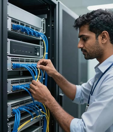 A detailed photograph of a professional South Asian / Indian network engineer in a clean, modern data center, meticulously arranging blue fiber optic cables on a server rack. The lighting is bright and professional, highlighting the precision of the technical work.