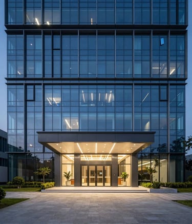 A professional photography of a modern technology office building in North India during the blue hour. The building's glass facade reflects a Midnight Blue sky, and the entrance is bright and welcoming with clean, minimalist landscaping.