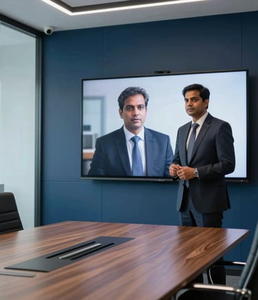 A professional scene in a modern Indian corporate boardroom featuring a high-end video conferencing system. A South Asian / Indian business consultant in a formal suit is presenting on a screen. The room is sleek with Midnight Blue accents and glass walls.