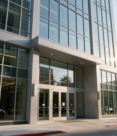 Large architectural photo of a contemporary corporate office building with a massive glass door entrance. The bright morning sun reflects off the glass. This North American setting conveys a sense of opportunity and reliability.