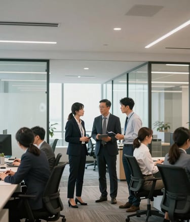 A high-quality photography shot of professional staff in business attire collaborating in a bright, modern open-plan office with high ceilings and glass walls. The scene reflects a North American corporate environment with clean lines and a professional atmosphere, illuminated by soft natural light.