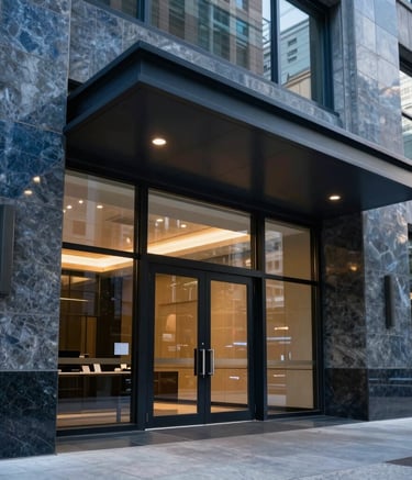A sleek, modern corporate entrance in a North American city. The architecture features polished Dark Blue and Gray stone with large glass doors. The lighting is sophisticated, reflecting a trustworthy and established large-scale company.