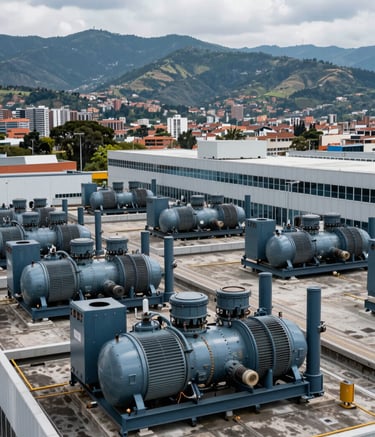A wide-angle professional photograph of an array of industrial power generators installed on a corporate rooftop in Bogotá during a clear day. The composition highlights efficiency and modern infrastructure with a backdrop of the Andean mountains.