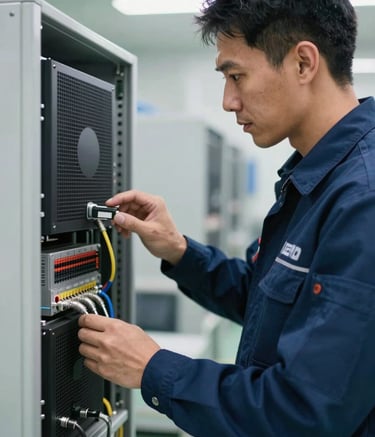 A close-up photograph of a professional engineer in a modern technical uniform inspecting a high-capacity UPS system in a clean, brightly lit industrial facility in Bogotá. The scene features soft light and a focus on technical precision, with a color palette of deep blue and silver accents.