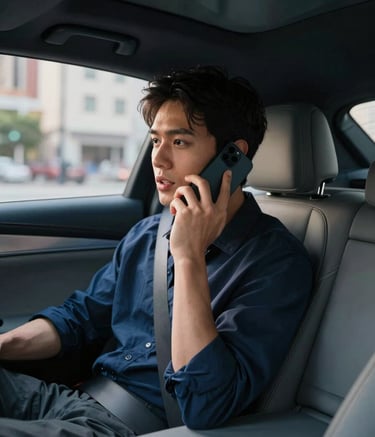 Photography of a person sitting in the passenger seat of a sleek rideshare vehicle in a North American city, speaking naturally into their black smartphone. Soft afternoon light through the window, high-end car interior with midnight blue and gray tones.