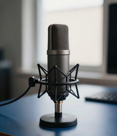 Close-up photography of a sleek, professional condenser microphone on a minimalist midnight blue desk in a North American studio. In the background, a blurred window shows bright off-white daylight. The composition is modern and empowering.